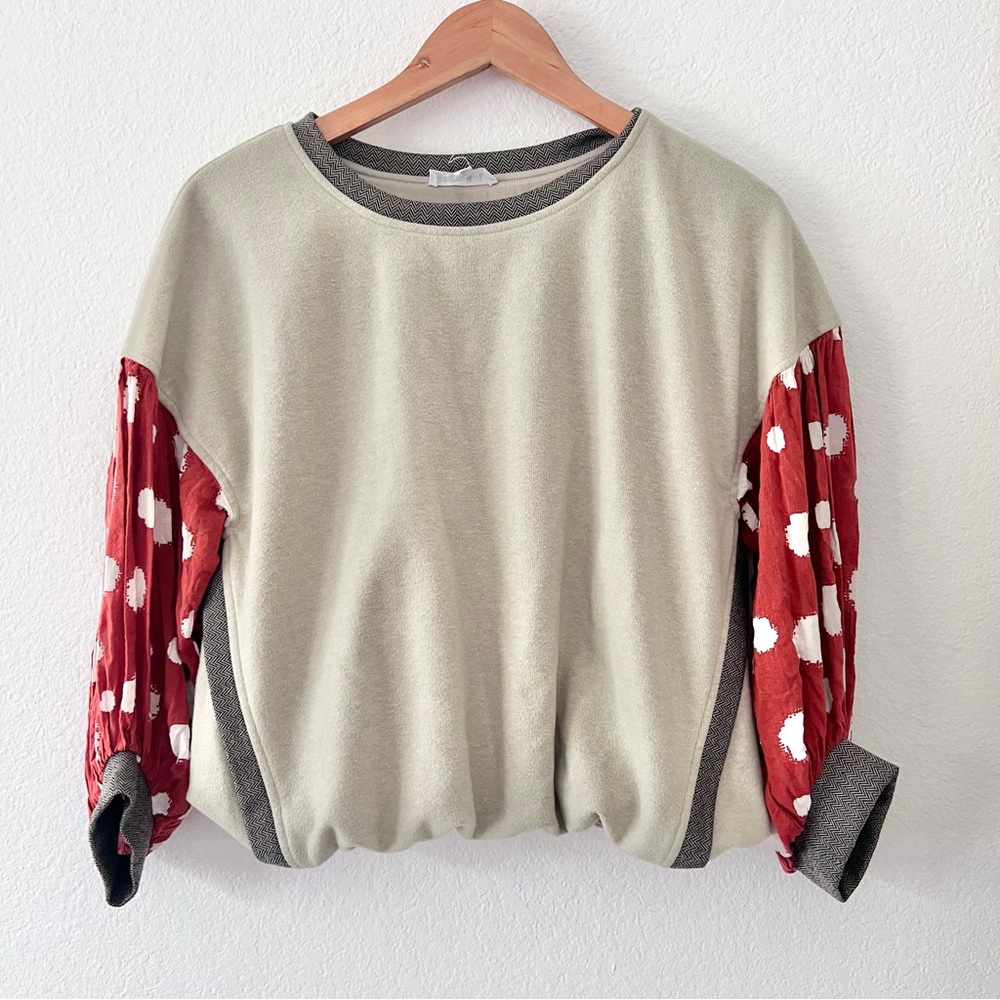 THML Sage Green Rust Spotted Balloon Sleeve Top Sz S